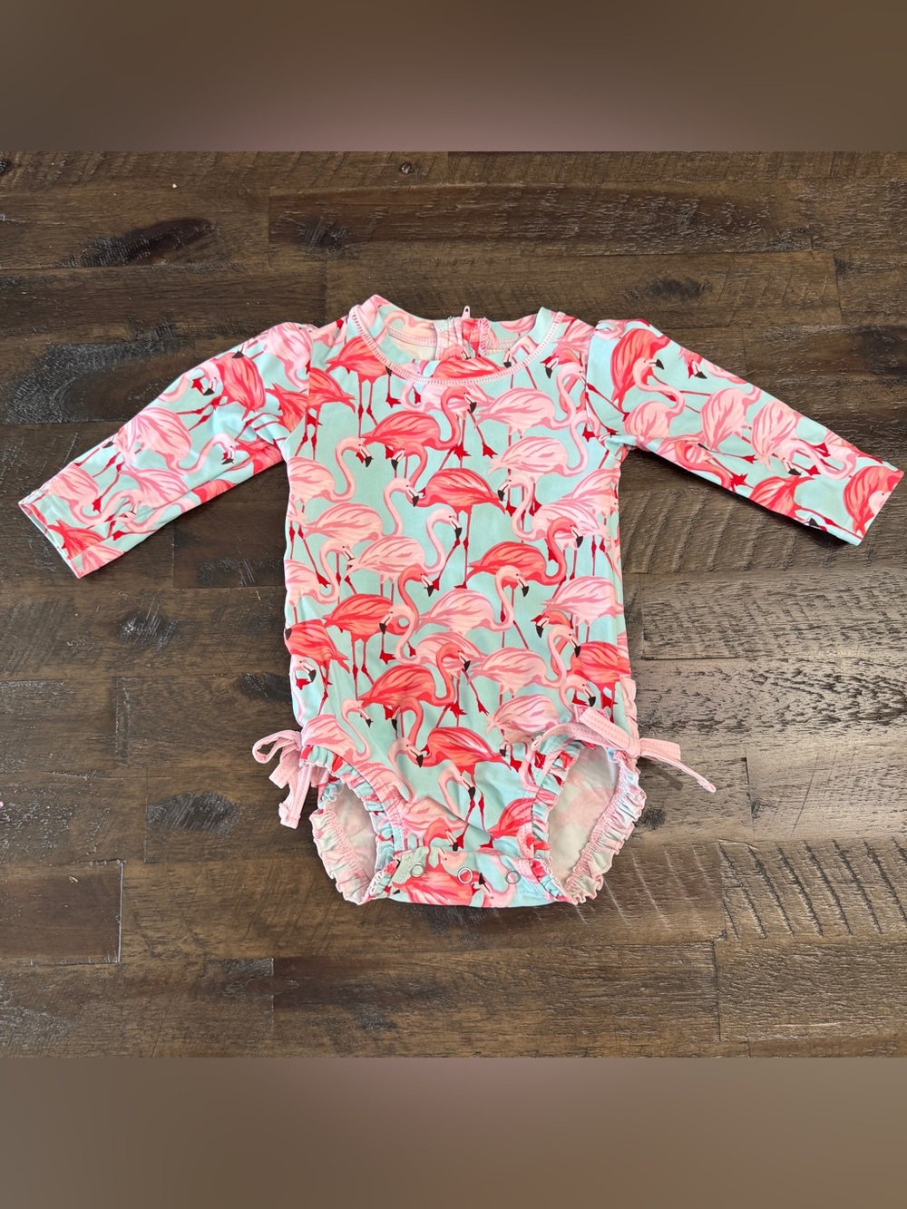 6-12m RuffleButts Baby Girls Flamingo One-Piece Long Sleeve Rash Guard Swimsuit